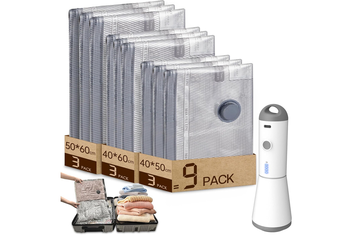 Risparmia spazio e soldi: 9 sacchetti sottovuoto riutilizzabili con pompa wireless inclusa per i tuoi viaggi a meno di quanto immagini